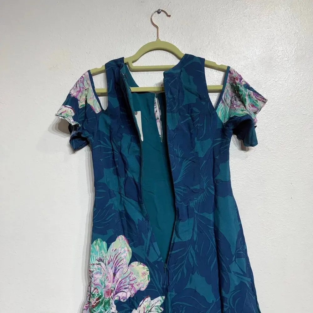 Anthropologie  Maeve Teal Elia Cold Shoulder Floral Mini Dress Sz 2 NWT - Picture 10 of 15